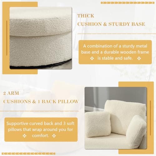 Oversized Ivory Swivel Arm Chair with 3 Pillows for Living Room, Bedroom, and Reading