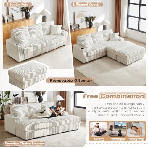 Beige 84 Oversized Chaise Lounge Chair with Ottoman, Storage & Cup Holders - Modern Sectional Sofa Bed for Living Room, Office (3 Seater)