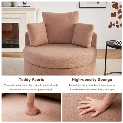 Modern Swivel Chair with Storage Ottoman for Living Room, Brown Teddy Fabric