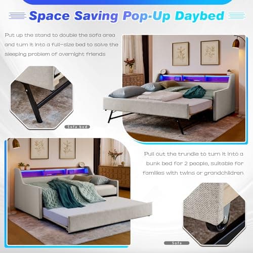 Upholstered Twin Daybed with Pop Up Trundle & Wireless Charger, Beige