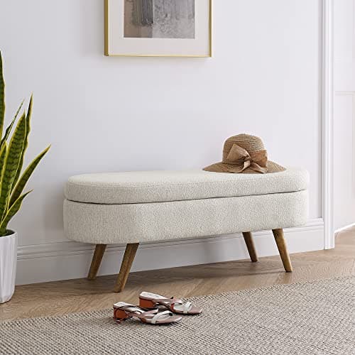 Storage Ottoman Bench End of Bed, 43 Oval Linen Fabric Bench for Living Room, Bedroom, Entryway