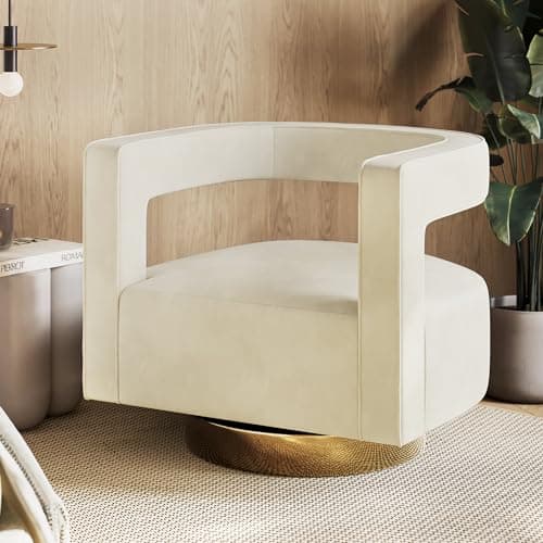 BELLEZE Ivory Gold Base Swivel Chair, Modern Barrel Velvet Living Room Chair