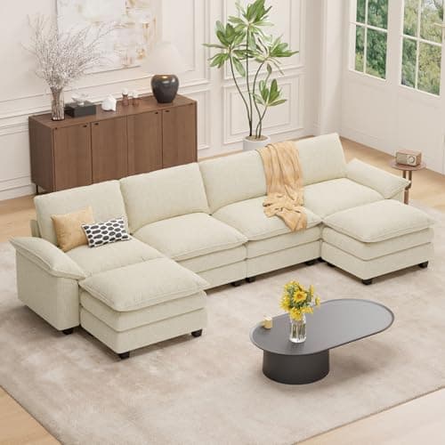 Beige L-Shaped 4-Seat Cloud Couch Sectional Sofa with Ottoman