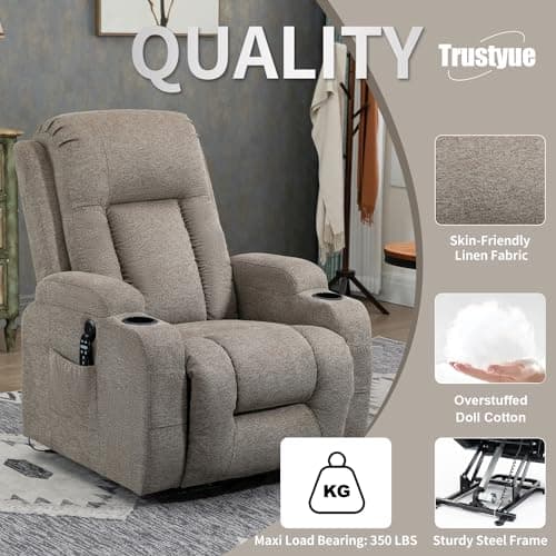 Elderly Electric Recliner with Heat, Massage, Standing Assist, 2 Cup Holders, USB Charge