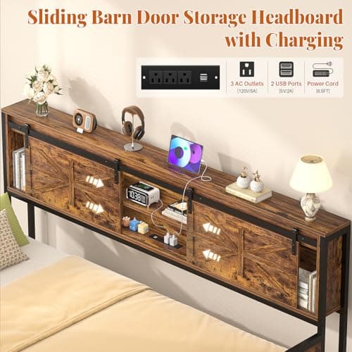 Homieasy Rustic Brown Farmhouse Twin Day Bed with Bookcase & Charging Station