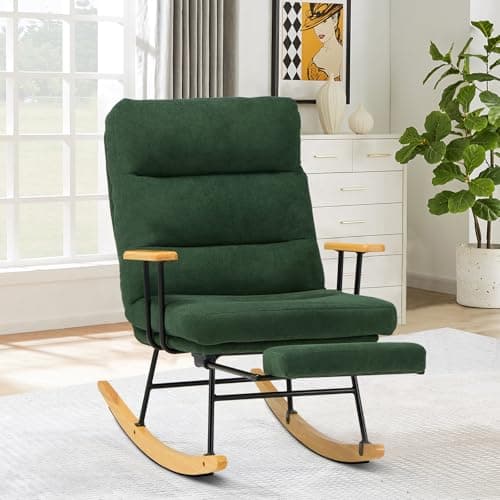 Retractable Footrest Rocking Chair, Teddy Upholstered, Beige, Modern Living Room Chair