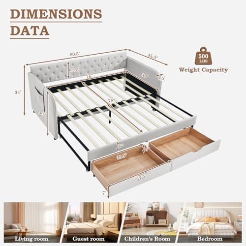 Twin Size Day Bed with Trundle and Storage Drawers for Living Room or Guest Room