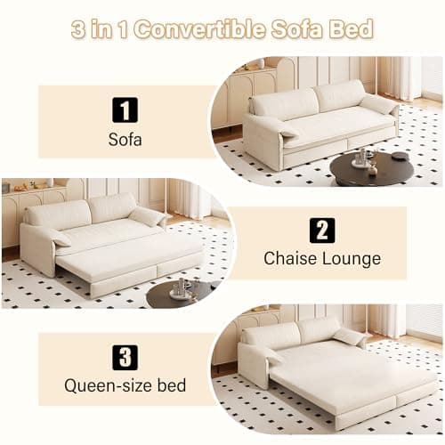 GNIXUU 66" Queen Pull-Out Sofa Bed, Beige Velvet Sleeper Couch with Side Storage