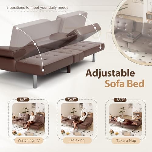 Shahoo Faux Leather Convertible Futon Sofa Bed for Living Room, Brown