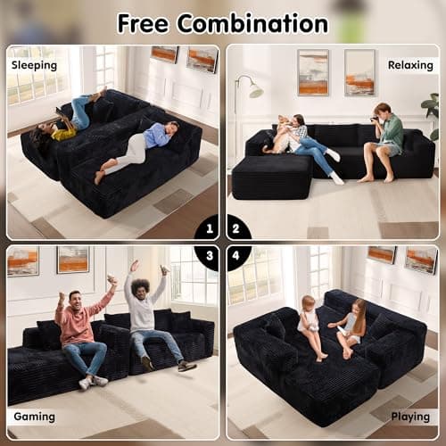 Ovios 104" Cloud Sectional with L-Shape Chaise, Plush Black Corduroy Sofas