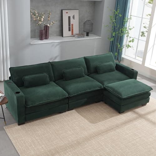 KIVENJAJA Beige Corduroy Cloud Sectional Couch, 82.7"W, Modular Loveseat with Ottoman & USB Port