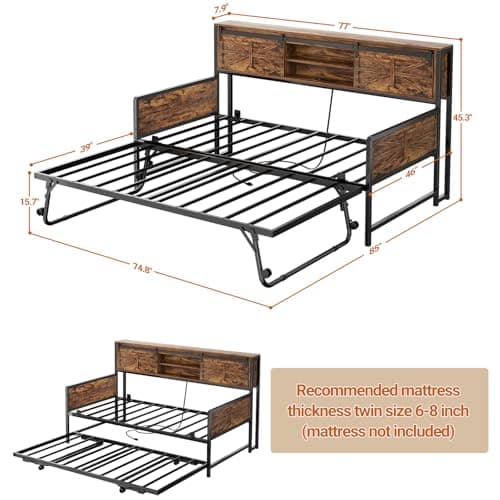 Homieasy Rustic Brown Farmhouse Twin Day Bed with Bookcase & Charging Station