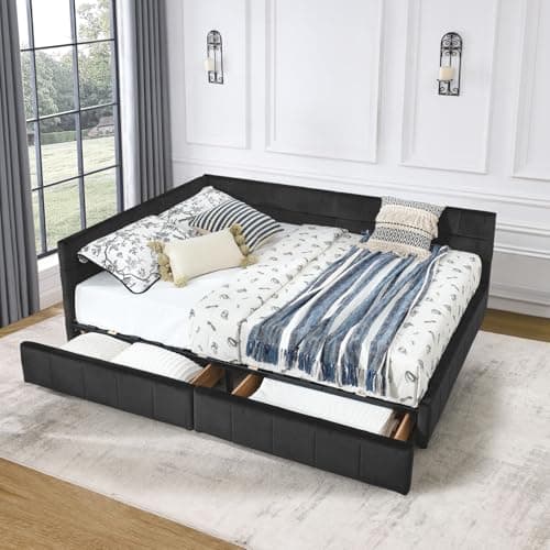 Tufted Velvet Queen Daybed with Storage, Wood L-Shaped Frame, Living Room Sofa Bed, Beige