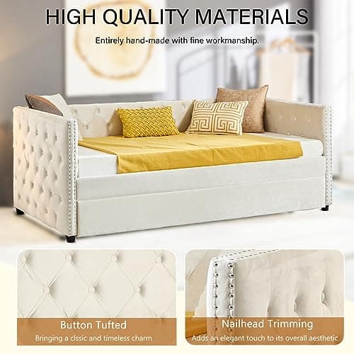 Modern Velvet Twin Daybed with Trundle, Button-Tufted Sofa Frame, Furniture for Bedroom, Living Room, Guestroom