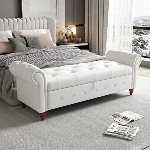 Button Tufted Storage Bench for Bedroom, Linen Fabric Upholstered Ottoman Bench (Dark Grey)