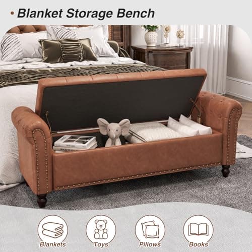 Faux Leather Window Bench with Storage & Tufted Button Detail, 65" Bedroom Bench, Brown