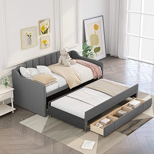 Grey Upholstered Daybed with Trundle and 3 Storage Drawers.
