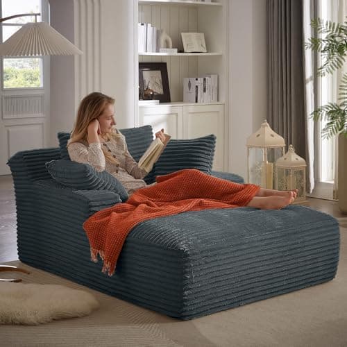 Oversized 49 Indoor Chaise Lounge Chair with 3 Pillows – Grey Corduroy, No Assembly Needed