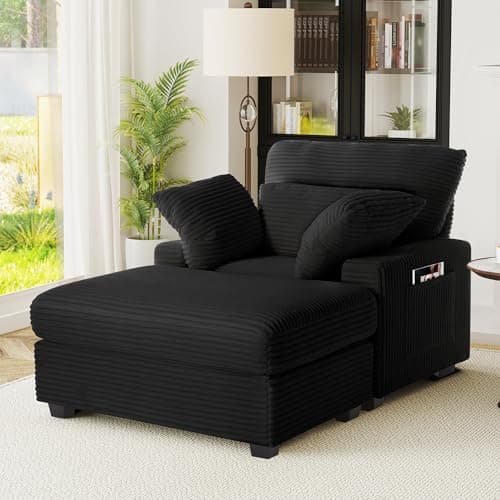 Oversized Indoor Chaise Lounge Chair with Ottoman - 57.5 Corduroy Sofa for Bedroom, Living Room, Office (Beige)