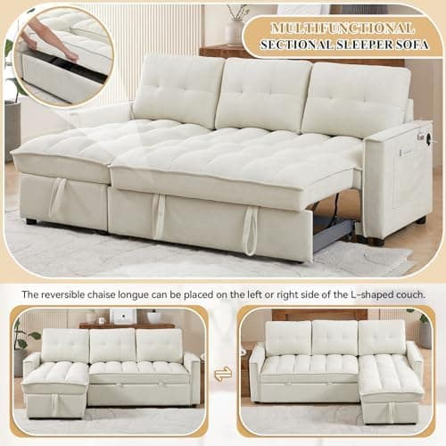 Convertible Sectional Sleeper Sofa Couch with Pull Out Bed,78" Tufted Chenille L Shaped Couch w/ Reversible Storage Chaise&USB/Type C Charge Port for Living Room,Office,Apartment(3-Seater,Beige)