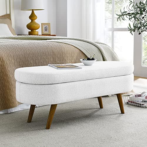 White Linen Storage Ottoman Bench, 43 Oval Entry Bench for Living Room and Bedroom