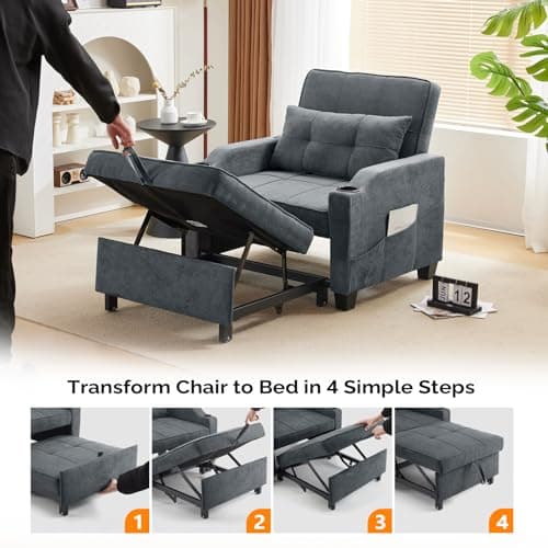 VINGLI 3-in-1 Convertible Sofa Bed with USB Ports and Cup Holders, Dark Grey
