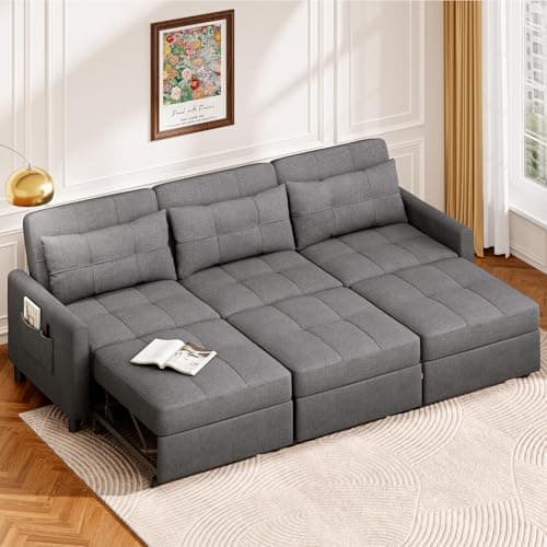 Aiho 84 Inch Pull Out Couch withAdjustable Backrest & Ottoman, Dark Grey