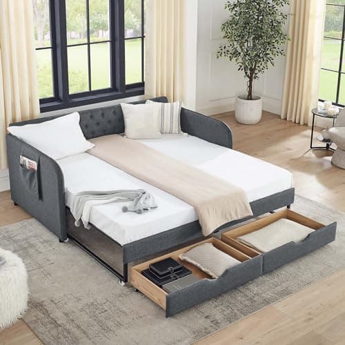 Antetek Modern Button Tufted Linen Daybed with Drawer, Beige