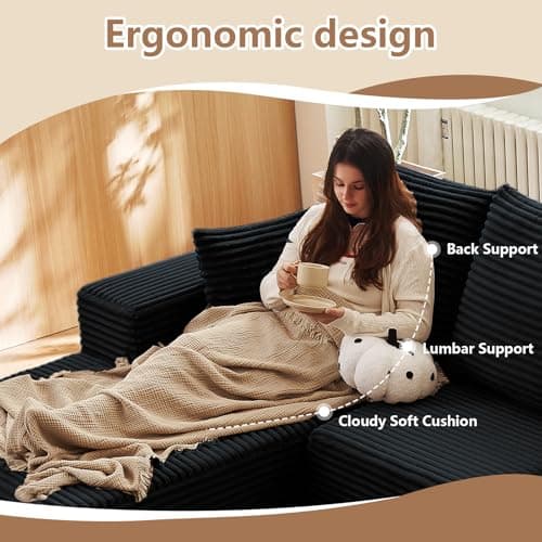 107" Modern Black Corduroy L-Shaped Sofa, Deep Seat Chaise for Living Room