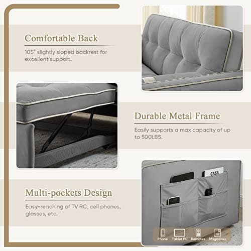3 in 1 Tufted Velvet Couch Bed, Grey, 55.5"
