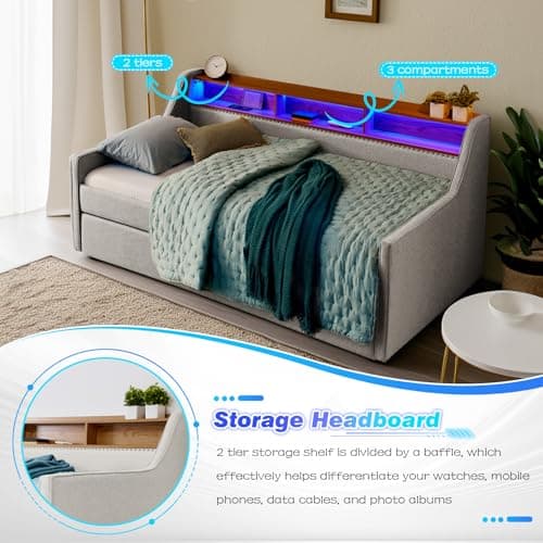 Upholstered Twin Daybed with Pop Up Trundle & Wireless Charger, Beige