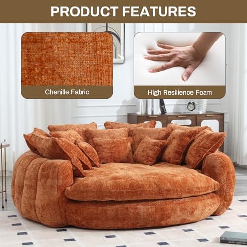 81.1" Oversized Fluffy Lazy Bean Bag Sofa with 14 Pillows, Orange Chenille Bed Cushion