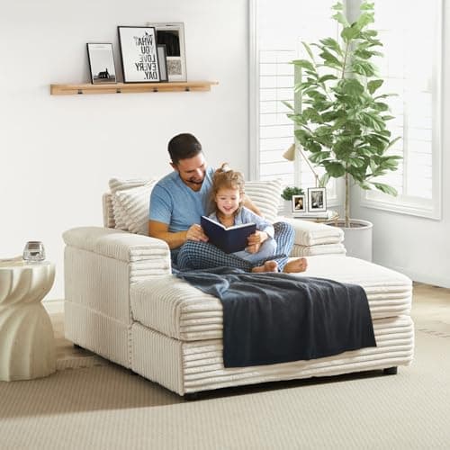 Oversized Chaise Lounge Chair Indoor with Ottoman, Corduroy Upholstered Comfy Sofa- Simplified for audience: 1 Seater, Beige