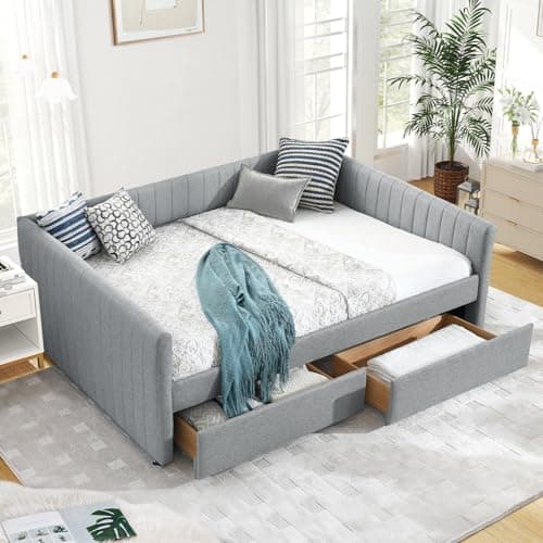 JEEOHEY Linen Grey Stripe Queen Daybed with Storage