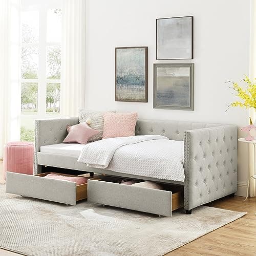 Modern Twin Daybed with Storage and 2 Drawers for Apartment Bedroom, Beige