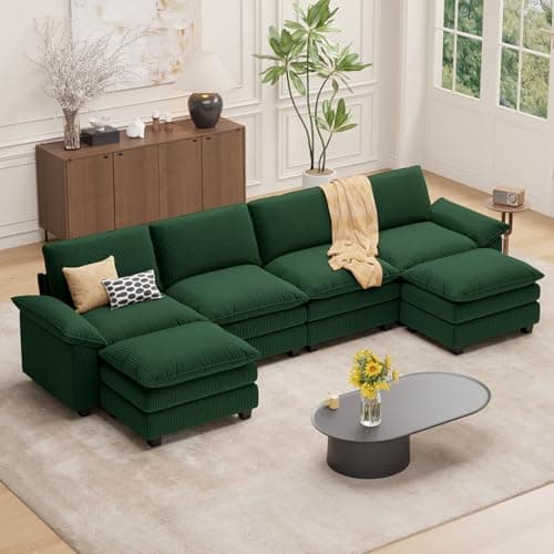 Beige L-Shaped 4-Seat Cloud Couch Sectional Sofa with Ottoman