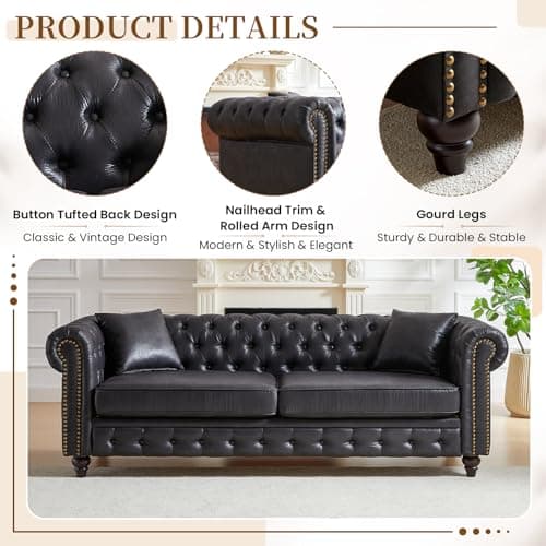 Mid Century Modern 2 Piece Sofa Set: Button Tufted Loveseat & 3 Seater, Nailhead Trim, Black