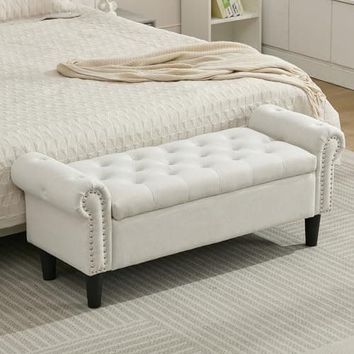 Light Brown Linen Tufted Storage Bench with Rolled Arms & Ottoman, 50" Queen End of Bed Bench
