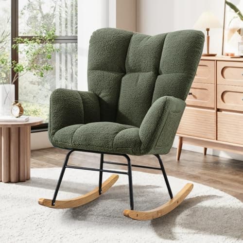 Beige Teddy Upholstered Rocking Chair with High Backrest for Bedroom & Living Room