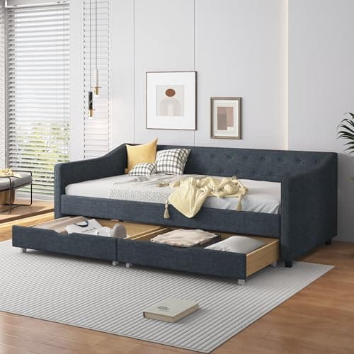 Full Size Upholstered Day Bed with Drawers & Tufted Back, Dark Grey