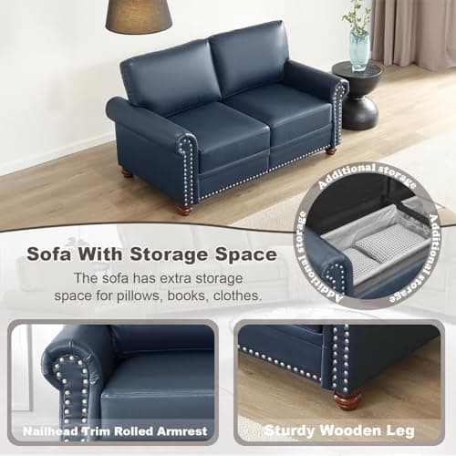 3 Piece Faux Leather Sofa Set with Storage, Navy Blue