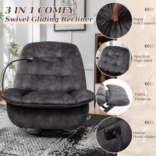 Black Swivel Recliner Rocker Chair with Footrest for Nursery, Living Room, Bedroom, and Office