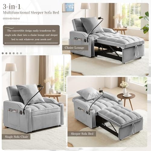 3-in-1 Convertible Sleeper Chair Bed for Small Spaces (Grey)