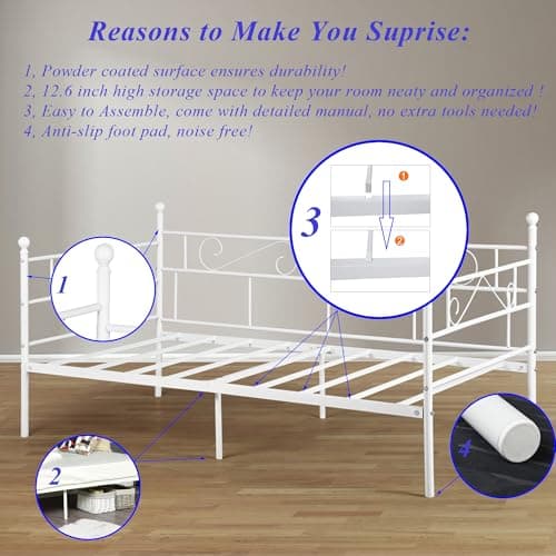 Beige Twin Metal Daybed Frame with Headboard & Mattress Platform Bed