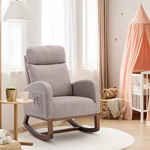 Modern Nursery Rocking Chair with Solid Wood Legs and Side Pockets