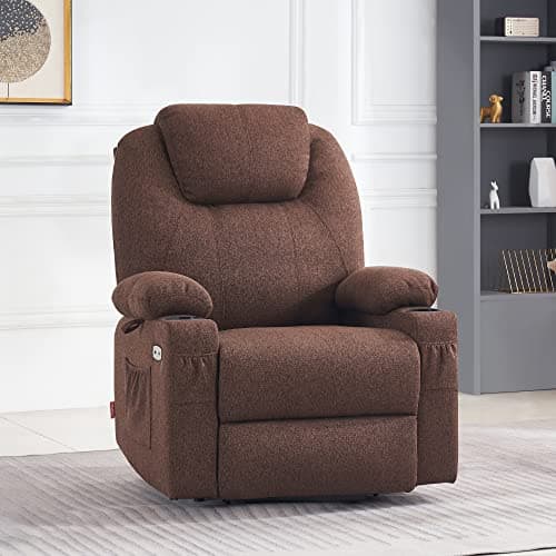 Large Power Recliner Sofa with Massage & Heat, 3 Positions, USB Ports, Extended Footrest, Coffee Fabric 7516