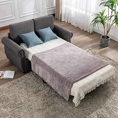 Merax Sleeper Couch with Pull Out Bed, Compact Brown Sofa for Living Room or Bedroom, Includes Mattress