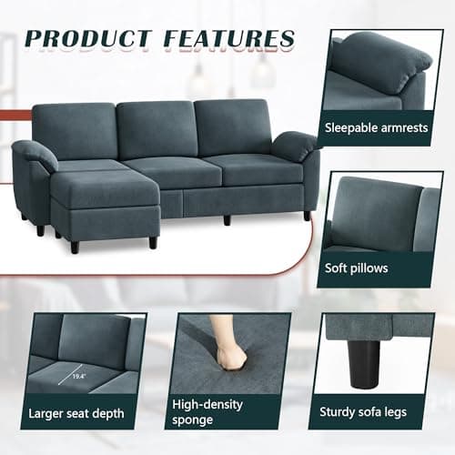 Vongrasig 79" L Shaped Gray Sectional Sofa with Removable Pillows Linen Fabric