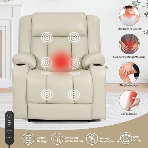 Heavy Duty Dual Motor Oversized Power Lift Recliner Chair for Elderly, Cream White
| 400lbs Capacity Leather Recliner with Massage and Heat for Elderly, Cream White
| Big and Tall Lay Flat Lift Chair with Cup Holders, Dual Motor Power Recliner for E