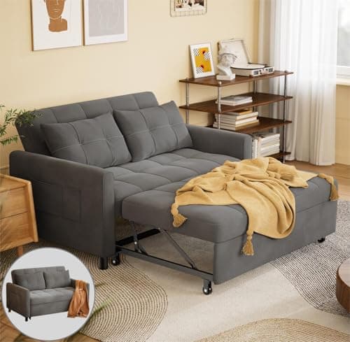 Gizoon 3-in-1 Loveseat Sleeper Sofa Bed with Pull-Out Couch, Linen Fabric, Dark Grey, for Living Room & Apartment